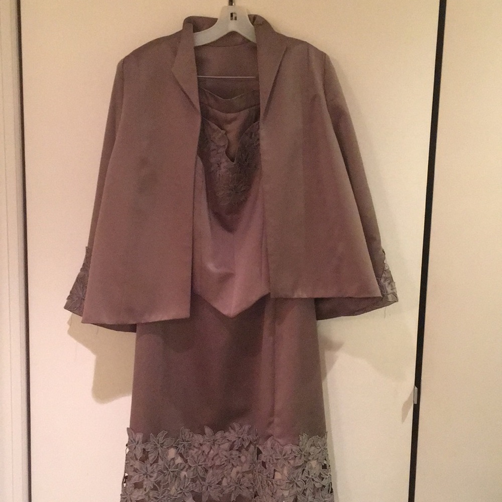 Three piece taupe embroidered evening suit